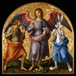 whatever you want to dream, in the style of fra angelico, egg tempera and gold leaf on wood, triptych, 1 3 8 9, holy hand grenade of antioch, 4 k, ultra realistic, bugs bunny, rhapsody in blue, spinach and avocado salad, shallow depth of field, canon ef 3 5 mm, f / 1. 8, ektachrome, ilford