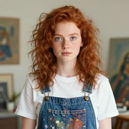 a professional 8 5 mm portrait of a teenage white girl with frizzy red hair, round green eyes, a freckled face, paint - stained overalls, a creative theme, artist, annie leibovitz