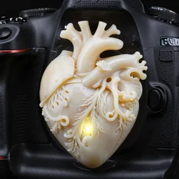 intricate heart delicately carved into block of ivory, bioluminescence, tendrils canon 5 d 5 0 mm lens