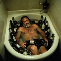the upper shot of the old bathroom where drunk old bearded joaquin phoenix lying in many empty beer bottles in the water, still shot from the movie of stanley kubrick with cinematography of christopher doyle, dark old room, anamorphic, kodak film, sharp focus, realistic, 8 k