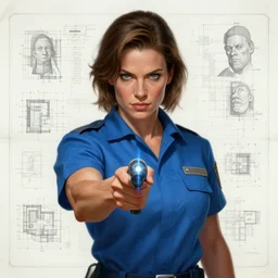 epic portrait of a slightly muscular woman wearing short sleeved uniform in blue and carrying a laser pointer in front of a blueprint, detailed, centered, digital painting, artstation, concept art, donato giancola, joseph christian leyendecker, wlop, boris vallejo, breathtaking, 8 k resolution, extremely detailed, beautiful, establishing shot, artistic, hyperrealistic, beautiful face, octane render