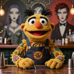 a high quality photo of a strange humanoid muppet barista with furry fuzzy body and many tattoos, absurdist fantasy, sharp focus, vibrant, vivid, symmetry, highly detailed, cinematic, intricate lines, concept art by giger, lisa frank, beksinski, emil melmoth