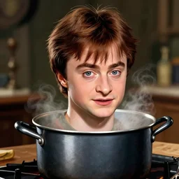 daniel radcliffe's head as harry potter in a cooking pot, digital illustration, in the style of greg rutkowski, highly detailed