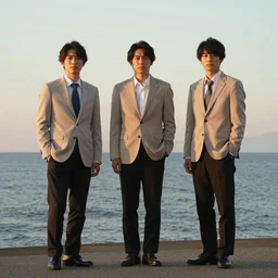three japanese men wearing beige suits and black pants standing in the ocean, sunset, night, wide shot, ((yellow magic orchestra)), ((tatsuro yamashita)), album cover, 1981, grammy award winning