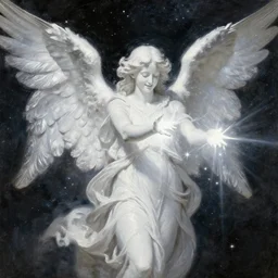 highdetailed hyperrealistic painting of white angel!!! no gender smiling noface!!!, light instead of hands, white sparkles everywhere, 4 k hd face!!!, angel bringing the light and give it to the space, big silver high detailed wings!!!, renaissance, by caravaggio, holography space, glow effect, large strokes, monochrome!!!!!, digital painting, large paint strokes, textured oil painting, motion effect, blur effect, abstract painting