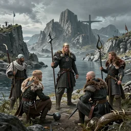 Beautiful Viking setting artistic masterpiece in the style of jesper fjsing, mathias kollros, and donato giancola