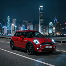 Mini Cooper S with blood vinyl in the middle of a road on the night Hong Kong china town, blue color grading, cinematic color grading , unreal 5, hyperrealistic, realistic, photorealistic, dynamic lighting, highly detailed, cinematic landscape, studio landscape, studio lighting