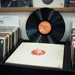 1 9 6 0 s photograph of a record on display in a record shop, there is a peppermint candy on the album's cover, kodak film