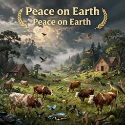 peace on earth, fantasy landscape, mystical, full spectrum, cattle, animals, fish, birds, reptiles, houses, barns, trees, foggy, misty,, forebodding, by bosch