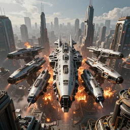 [six giant futuristic scifi-bombers] in the center, [a baroque cyberpunk city skyline in the background], [explosions and fire], hypermaximalistic, high details, cinematic, 8k resolution, beautiful detailed, insanely intricate details, artstation trending, octane render, unreal engine