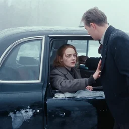 emma stone getting out of taxi in winter, faded color film, russian cinema, tarkovsky, kodachrome, old clothing, heavy fog, 4 k, dramatic lighting, greg rutkowski