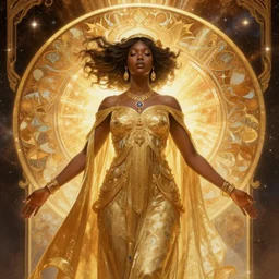 wise black african princess, warm volumetric lighting, cosmic, symmetric, highly detailed, elegant, concept art, heavenly, god rays, intricate, sharp focus, illustration, alexandros pyromallis, bouguereau, rutkowski, artgerm, alphonse mucha