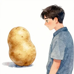 a potato looking at a man, watercolor