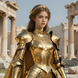 portrait knights of Zodiac girl, golden and copper reflected armor, in ruined Agora of Athens, ssci-fi, fantasy, intricate, very very beautiful, elegant, highly detailed, digital painting, artstation, concept art, smooth, sharp focus, illustration, art by WLOP and tian zi and alphonse mucha