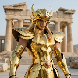 a menacing, medium close - up, studio photographic portrait of shura the gold saint of capricorn from knights of the zodiac, wearing gold armor that radiates light, outside the old temple of athena, 4 k, detailed picture, photoshopped, award winning photo, 1 4 mm, sharp 1 / 2 5 0 0, deep depth of field f / 3 2, at golden hour, light academia aesthetic, by annie leibovitz