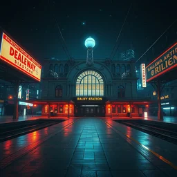 a beautiful hyperdetailed rendering of railway station building city urbex by ilya kuvshinov, nightvision extraterrestial hyperrealism alien galactic uv light azeroth matte painting fisheye neon noir tokyo morning sun dramatic lighting atlantis, archdaily, wallpaper, highly detailed, trending on artstation.
