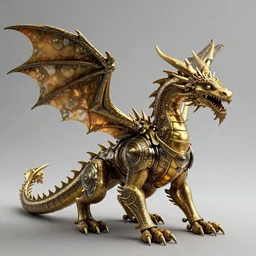 hyper realistic steam punk dragon, metalic gold