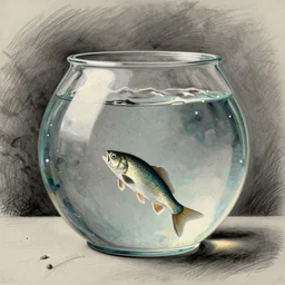 a fish jumping from a small fishbowl to a large fishbowl, picasso sketch