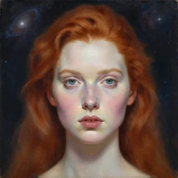 hyperrealism oil painting, close - up portrait of redhead fashion model with pale skin in soft light, classicism style, space galaxy background, by mike dargas