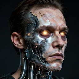 a man's face skin peeling away to reveal android metal skull with blinking lights and pneumatic tubes. production photograph from horror film.