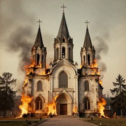burning church vintage, surrealistic collage art
