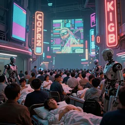 futuristic neon signs in a scene of ( millions of people ) waking up, ( robot cyborgs ), futuristic oil painting by jeff koonz, ( ( led panel screens and projections ) ), ( ultra realistic ), dynamic lighting, octane render, ( ( vertical led lighting ) ), 3 5 mm lens, film grain - n 4