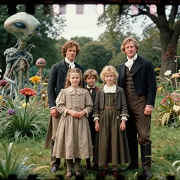 sharp, highly detailed, 43456k film, 162800mm film still from a sci fi blockbuster color movie made in 2019, set in 1860, of a family standing in a park, next to some strange alien plants and flowers, on an alien planet, the family are all wearing 1860s era clothes, good lighting, ultra high definition, ultra enhanced faces, in focus, 35mm macro lens