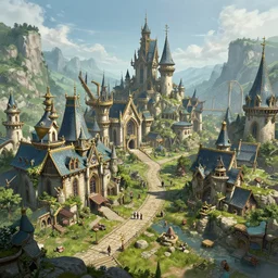 magical final fantasy inspired town, european, highly detailed, unreal engine, concept art