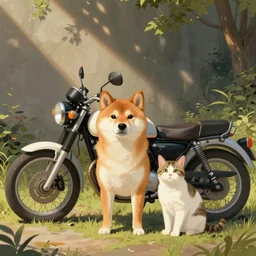 Shiba Inu and a cat next to a motorcycle, illustrated by Beatrix Potter