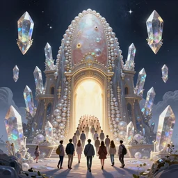 delicate mtg illustration by charles vess of a large group of people entering the glowing doorway of a massive vulva - shaped temple constructed of carved iridescent pearls and house - sized crystals of impossible architecture floating in the astral plane, trending on cgsociety.