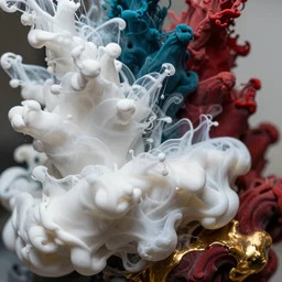 a macro shot of thick viscous paint, brilliant white ink, dark turquoise oil paint, deep red fluid paint, liquid gold, flowing creating waves, hyper realistic, hyper detailed, fluidity, subtle depth of field,