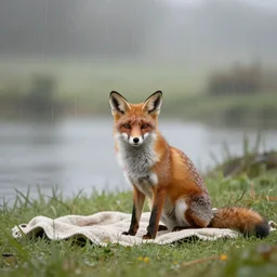 Lone fox sitting near idyllic pond, meadow, blanket of fog, rain, volumetric lighting, beautiful, golden hour, sharp focus, ultra detailed, cgsociety