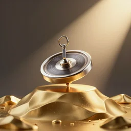 spinner spinning on top of gold pile, octane render, volumetric lights, illustration