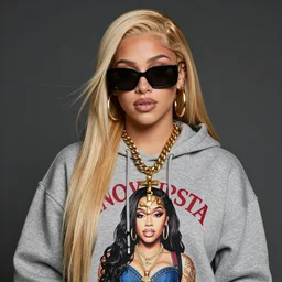 Chloe Grace Moretz wearing designer hoodie as doja cat as cardi b wearing gold chain and sunglasses and gold hoop earrings by greg rutkowski by artgem trending on artstation hero concept art