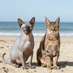 a sphynx cat and a caracal cat sitting on the beach