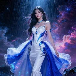 hoyeon jung in a white and royal blue luxurious cyberpunk dress submerged in neon multicolored rain falling from cosmic clouds in interstellar deep space atmosphere, cinematic, ultra detailed, majestic, seductive, by wlop, android james, ilya kuvshinov, martine johanna