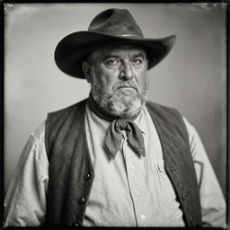 daguerreotype of a retired wild west gunslinger, obese, three day growth, balding, alcoholic, alcoholic nose, bloodshot eyes
