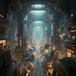 tradicional futuristic city interior, kim jung gi style, Greg Rutkowski, Zabrocki, Karlkka, Jayison Devadas, trending on Artstation, 8K, ultra wide angle, zenith view, pincushion lens effect