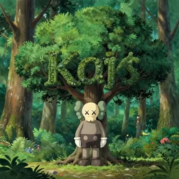 a geant oak typography by kaws tree in a forest, studio ghibli by tim hildebrandt, michael whelan, background environment. sharpen. 8 k