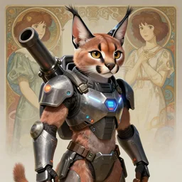 a cute caracal, anime art style, wearing futuristic, led - lit armor, and a cannon mounted on his back, portrait, high detail, sharp focus, digital painting, artstation, concept art, art by hayao miyazaki and artgerm and greg rutkowski and alphonse mucha.
