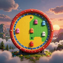 detailed round pacman, with ghosts, in a beautiful nature landscape with clouds, mountains, in background, sunset, by rhads, pacman, detailed, coherent