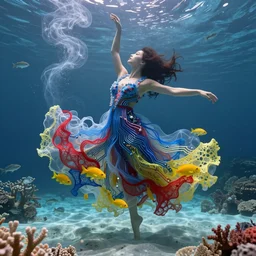 woman dancing underwater wearing a long flowing dress made of many translucent layers of blue and red and yellow lace circuit boards, bolts of bright yellow fish, delicate coral sea bottom, swirling silver fish, swirling smoke shapes, unreal engine, caustics lighting from above, cinematic, hyperdetailed