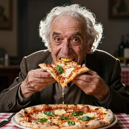 portrait photo of wrinkled old man who looks like pulcinella by maurice sand, eating a pizza margherita, large mouth with long yellow teeth, dark eyes, backlit, full body, sharp focus, highly detailed photo by eric lafforgue, masterpiece, trending on deviantart