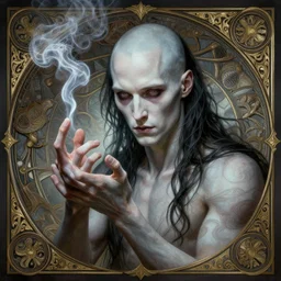 keanu reeves as sandman, with fingers and hair turning into smoke, vertigo, shaved, pale skin!, fantasy, intricate, elegant, highly detailed, digital painting, artstation, concept art, wallpaper, smooth, sharp focus, illustration, art by artgerm and greg rutkowski and alphonse mucha