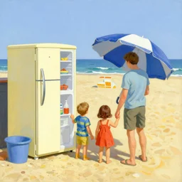 a family with a refrigerator and an umbrella go to the beach, david hockney, detailed