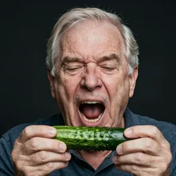 a masterpiece portrait photo of an older man yelling at a cucumber, mary elizabeth winstead symmetrical face