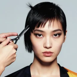 a studio close - up portrait of a beautiful fashion model getting a haircut from a hand with scissors. surreal photograph, lo - fi, polished look, silly and serious, hermes ad, fashion photography, toiletpaper magazine by pierpaolo ferrari and maurizio cattelan, 3 5 mm photograph, colourful, by pierpaolo ferrari, maurizio cattelan, david lachapelle