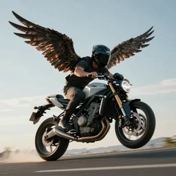 A man with wings riding a motorcycle in sky