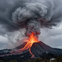 huge storm on an erupting volcano, cyclone, rain, wind, lava, hyper realistic picture, hd
