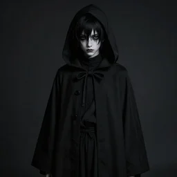 mazoku, pale - skinned demon boy, yokai boy wearing vantablack cloak, vantablack cape, darkest black possible, zero depth black